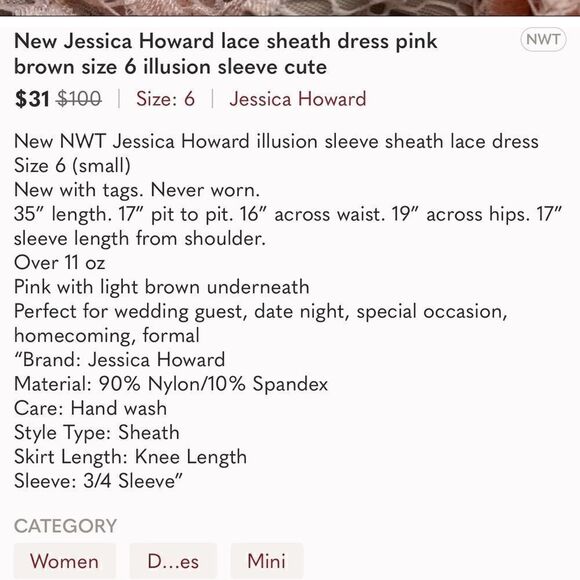 Jessica Howard Illusion Seath Foemal Dress Lace Pink Underlay 3/4 Sleeve NWT 6 - Picture 10 of 10